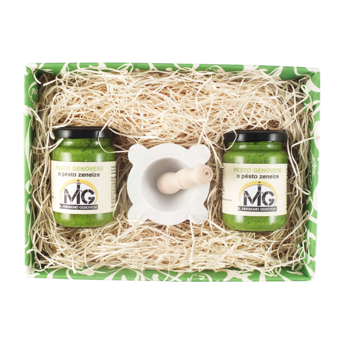CONFEZIONE REGALO - IL PESTO DEL MUGUGNO GENOVESE, 130 GR X 2, CON MORTAIO IN MARMO