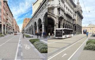 Via XX Settembre a Genova con il nuovo boulevard verde, filobus elettrici e marciapiedi ampliati
